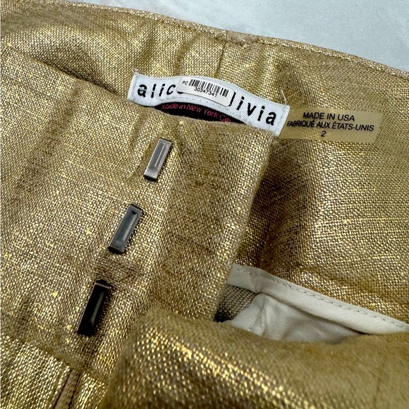 Alice+Olivia "Melissa" Metallic Textured Golden Linen Low Rise Flare Pant Size 2 - Picture 4 of 7